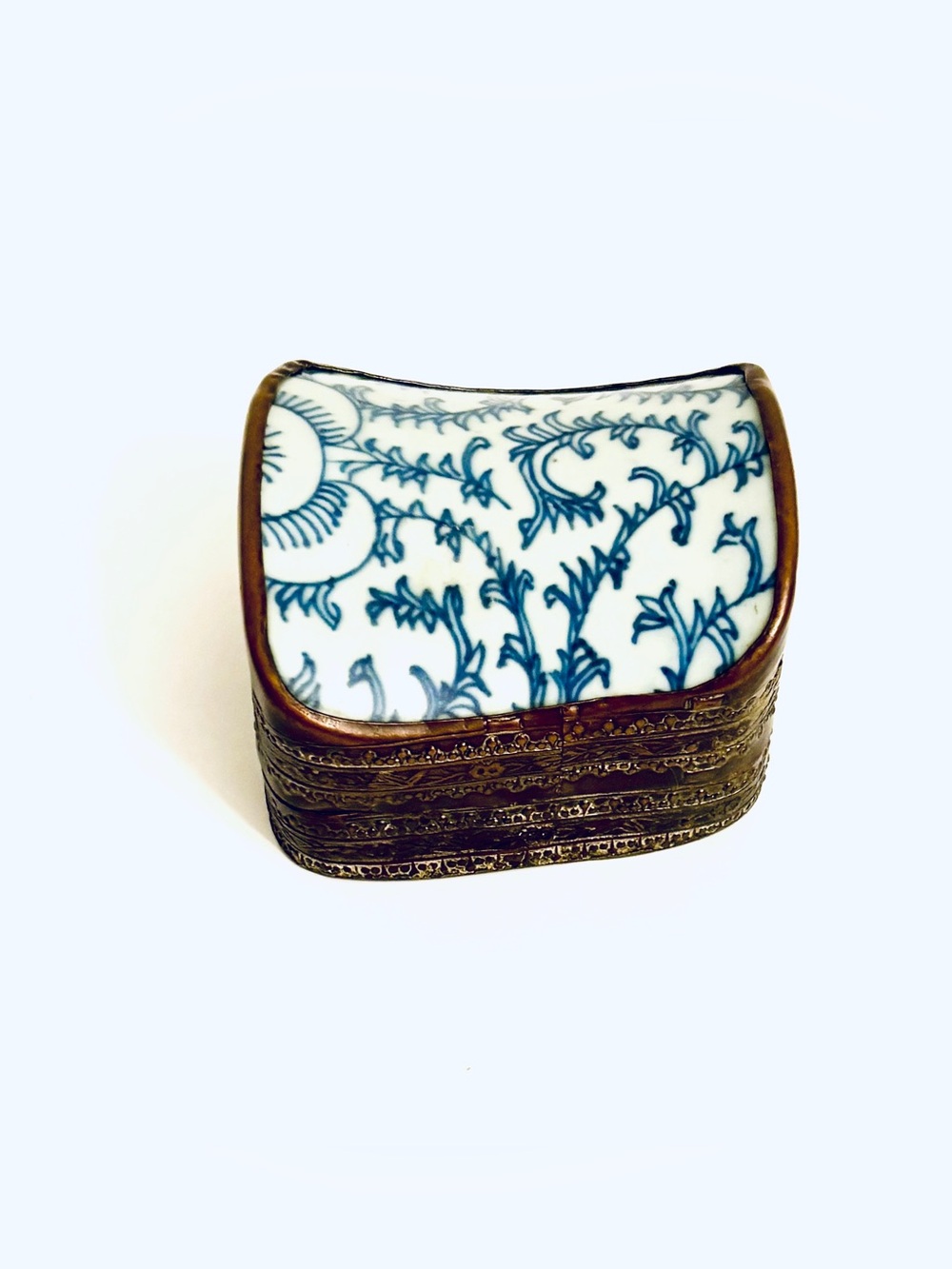 Vintage Chinese Porcelain Shard Trinket Box Silver Plated Copper 3.25” Asian